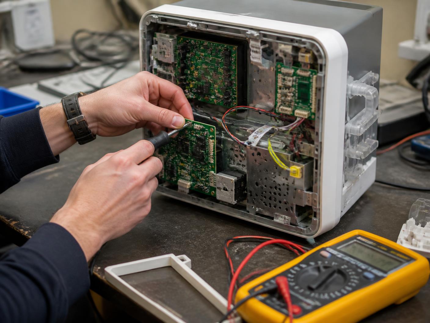 Biomedical engineer calibrating a cardiology monitor